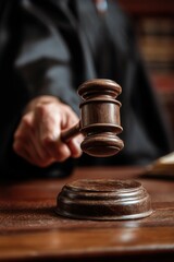 A judge hand holding a gavel in court.