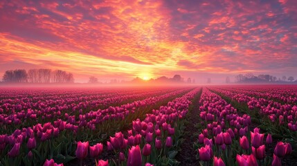 Obraz premium Vibrant Sunset Over Tulip Field with Colorful Skies and Mist