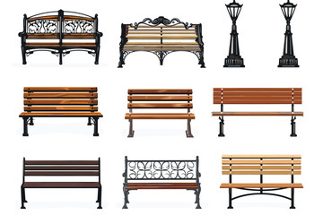 Cartoon bench. Wooden park benches, comfortable public garden seats and outdoor furniture vector illustration set. Wooden exterior elements for relaxation in city isolated on white.