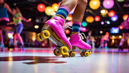 Retro roller skating at a colorful disco-themed rink. Nostalgia, retro lifestyle, roller disco, joyful movement, vintage culture revival.