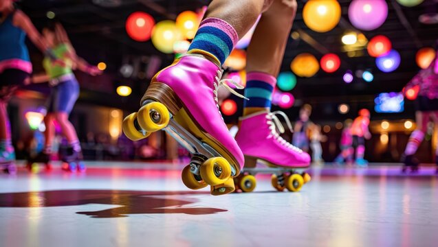 Retro roller skating at a colorful disco-themed rink. Nostalgia, retro lifestyle, roller disco, joyful movement, vintage culture revival.