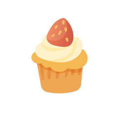 Vector Illustration of Strawberry Cupcake with Cream Topping and Whole Berry on White Background