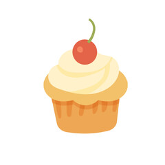 Vector Illustration of Cherry Cupcake with Cream Topping and Red Berry on Top Isolated on White Background