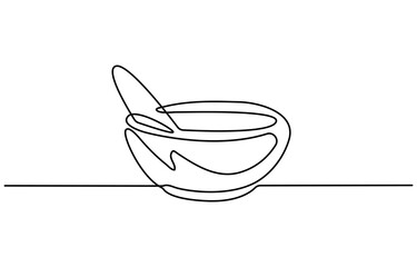 Continuous one line drawing of microscope and madical mortar. Simple illustration of microscope laboratory and pestle line art vector illustration.