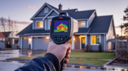 A handheld infrared thermal scanner is pointed at a house at dusk, displaying heat distribution on a screen, representing energy efficiency analysis or insulation diagnostics.