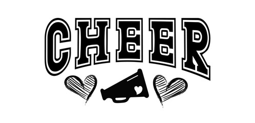 CHEER Megaphone and two hand-drawn hearts. Cheerleader Vector items suitable for a sticker or logo.