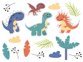 Set of cute cartoon dinosaurs, leaves and volcano  isolated on white background. Dino for the design of postcards, posters, covers, prints for childrens t-shirts