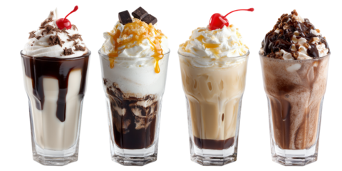 four different milkshake flavors isolated on white background