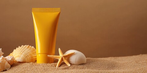 Yellow Sunscreen cream tube, starfishes and seashells on a sand top view. Cosmetic mockup. Sunblock lotion on sandy beach background. Summer vacation care concept, sun screen product, spf uv protect
