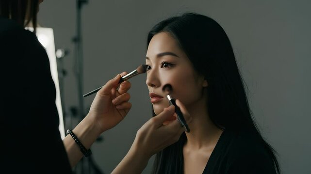 Asian woman getting her makeup done by a professional makeup artist in studio