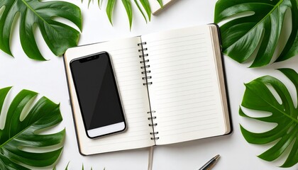 Escritorio de oficina blanco limpio con agenda y tel&eacute;fono de hojas tropicales verdes