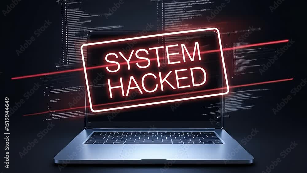 Poster system hacked red neon warning on laptop screen, cyber attack alert with dark background, digital co
