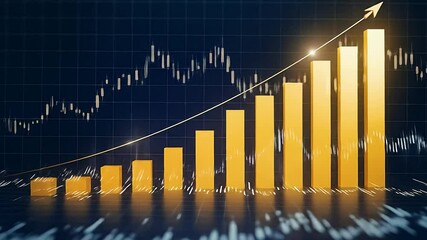 3D gold bar chart rising with glowing arrow, financial growth and market analytics, futuristic business infographic animation