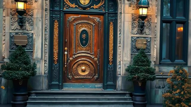 Elaborate, ornate front door of building facade with facade details and lamps.