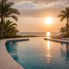  Tropical sunset at the beach with ocean waves, palm trees, and summer vacation resort paradise views