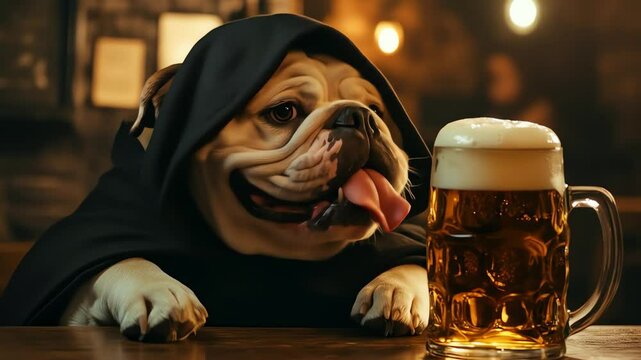 Funny bulldog dressed in a hood sitting in bar with pint of beer, humorous dog portrait in cozy pub, parody on human behavior, foam and warm light