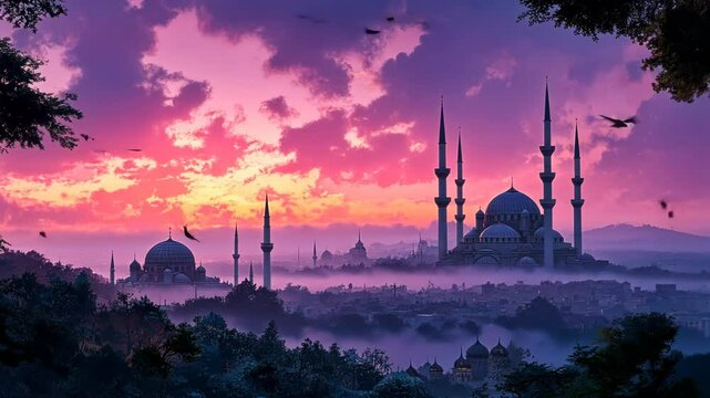 Mystical city at dawn, mosques and mist