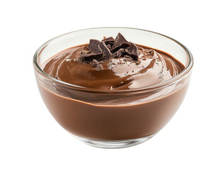 Chocolate pudding with chocolate shavings in glass bowl on transparent background