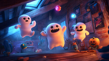 3D cartoon of a cute friendly ghost playing