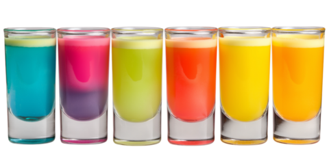 Six vibrant colorful shot drinks isolated on white background