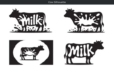 Fototapeta premium Set of four black and white cow silhouettes displaying milk splash and milk text logos