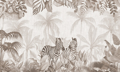 Aged Wildlife Wall Mural: Zebras in Soft Tone Botanical Forest Landscape © csinie1