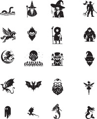 Fototapeta premium isolated Fantasy creature line icon set. Vector pictograms of unicorn, pegasus, dragon, witch, wizard, ghost, vampire, zombie. Mythical beings and monsters icon