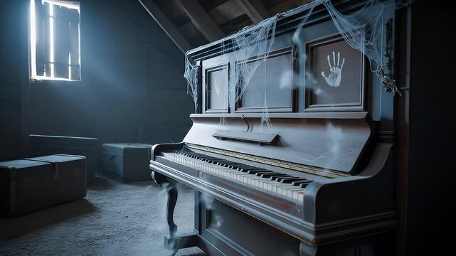 Haunted attic with dusty piano, cobwebs, and ghostly handprint suitable for Halloween, horror, spooky themes in design projects or publications.