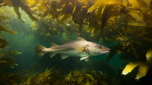Underwater serenity: Cod gracefully swims through kelp forest, sun rays pierce water