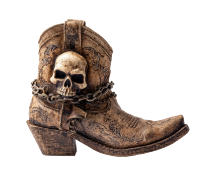 Creative unique cowboy boot design featuring a skull and chain