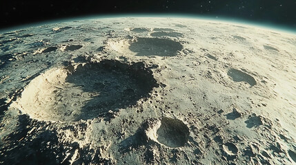 A detailed view of the moon's cratered surface as seen from space, showcasing large and small impact craters under a starry sky.