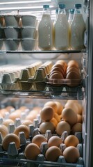 Refrigerated food storage, eggs and dairy, organized shelves