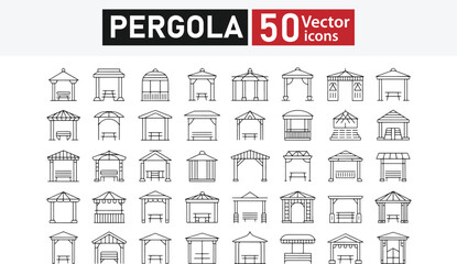 Collection of 50 line icons related to pergola, canopy, gazebo, seating, patio, shelter, arbor, Editable stroke. Vector illustration