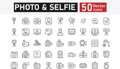 Collection of 50 line icons related to photo, selfie, picture, camera, gallery, tripod, capture, Editable stroke. Vector illustration