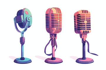 Set of retro microphones on white background.