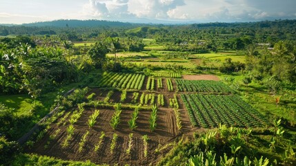 Aerial View of Lush Green Farmland in Tropical Landscape