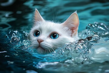 A beautiful white cat with bright blue eyes is swimming in crystal clear water