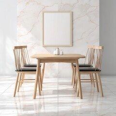 A modern loft interior design is showcased in the dining room space, which includes a picture frame and white wall