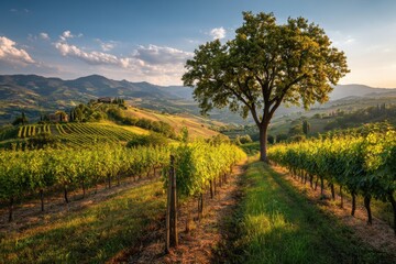 Fototapeta premium Scenic Vineyard Landscape Under the Tuscan Sun Sky