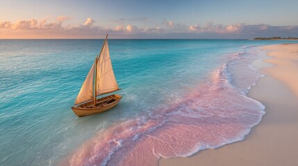 Obraz premium Tranquil Beach and Sailboat at Sunset: A Serene Island Paradise Escape