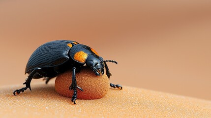 A black beetle with orange markings on a sandy surface.