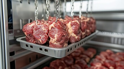 Raw meat cuts hanging from chains in a commercial food preparation area.
