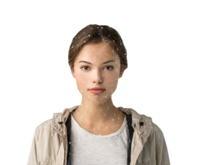 Woman with digital network overlay illustrating technology concept