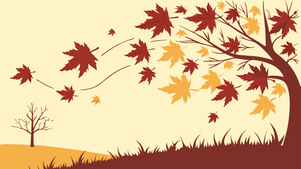 Illustration of autumn scene with wind blowing leaves off tree in brown and yellow colorscheme