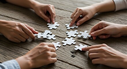 Team assembling puzzle pieces on wooden table