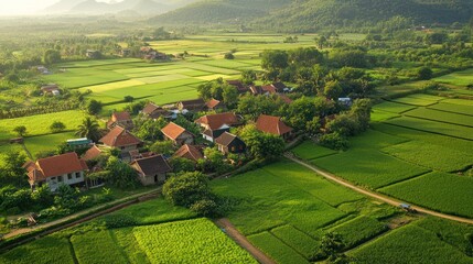 Aerial View of Serene Vietnamese Village nestled amongst Lush Rice Paddies