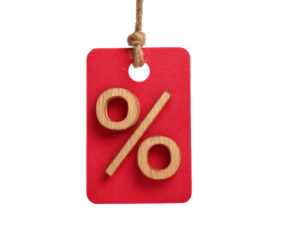 Red sale tag with wooden percent symbol for discounts