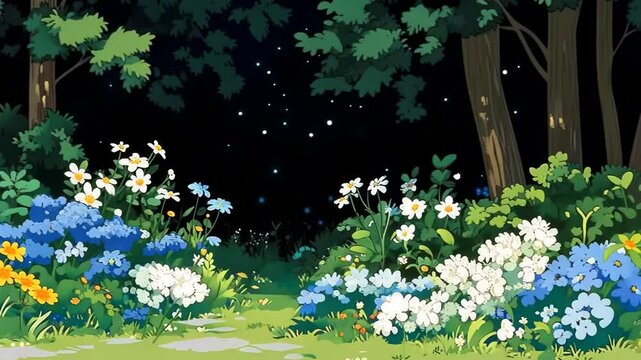 Nighttime forest path lined with flowers