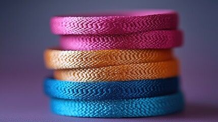 Colorful stacked fabric bands in close-up.