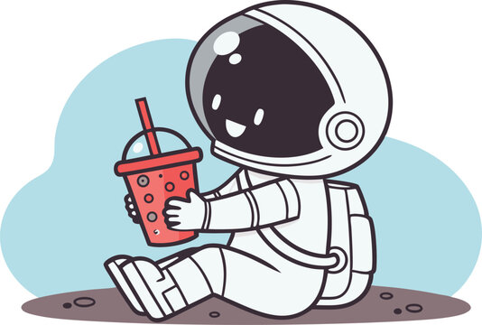 Cartoon vector illustration of a cute astronaut sitting and drinking bubble tea, perfect for space-themed designs, playful merchandise, and kawaii-style character branding